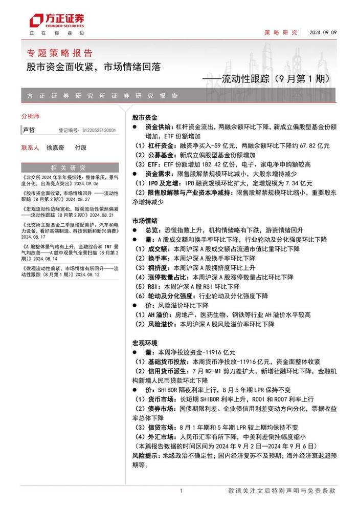 【方正策略】股市资金面收紧，市场情绪回落 ——流动性跟踪（9月第1期）