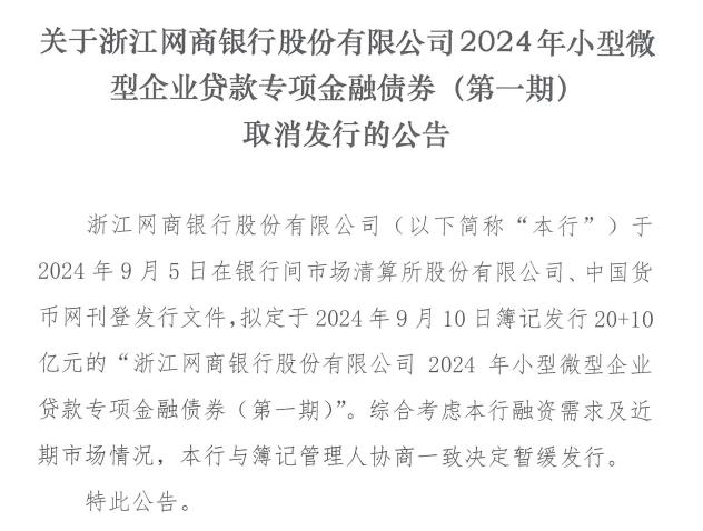 网商银行：取消发行2024年小微贷款专项金融债券（第一期）