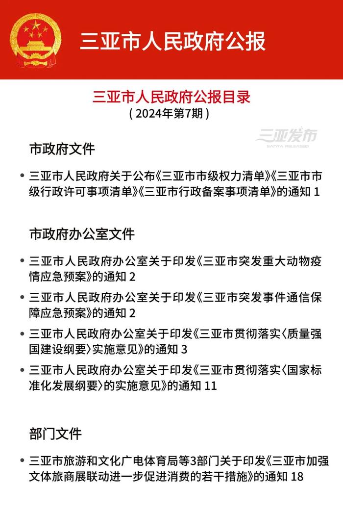 2024年三亚市人民政府公报（第7期）发布