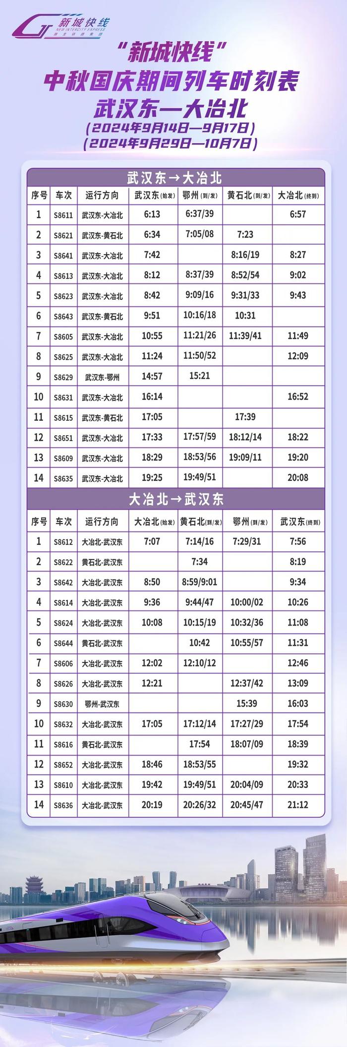 事关中秋国庆出行！“新城快线”列车时刻表公布