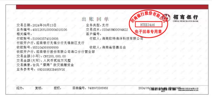 海南欧特向海南省慈善总会捐款20万元，支持台风“摩羯”灾后重建工作