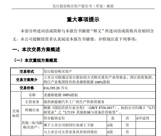 赛力斯拟50亿元增资赛力斯汽车 计划发行股份购买龙盛新能源100%股权