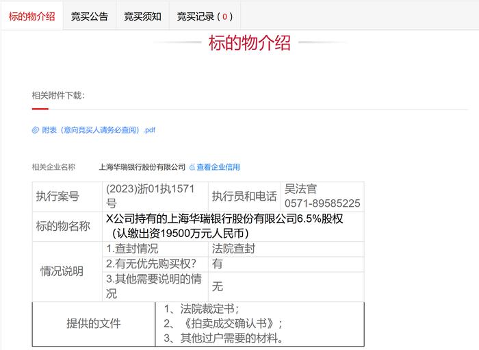 上海建之桥所持华瑞银行6.5%股权遭司法拍卖