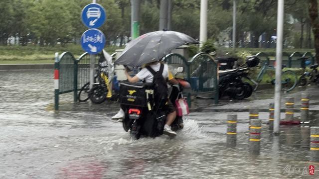 浦东遭遇暴雨，市政工人全力排水，外卖小哥“摆渡”市民过街