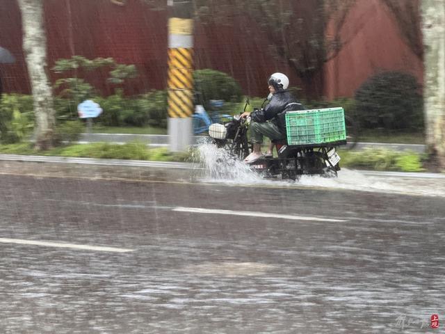 浦东遭遇暴雨，市政工人全力排水，外卖小哥“摆渡”市民过街