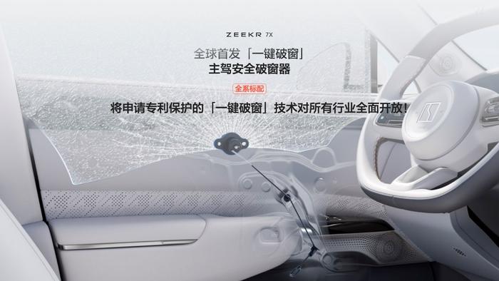 极氪 7X 首创带有「一键破窗」功能的主驾安全破窗器,应对极端危险场景