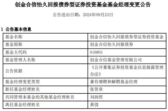 创金合信怡久回报债券增聘基金经理张贺章 黄弢离任