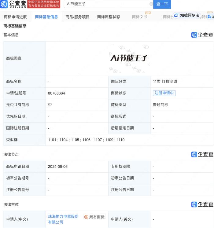 格力电器申请注册“Ai节能王子”商标