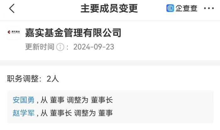 嘉实基金工商信息变更完成，赵学军调整为公司董事