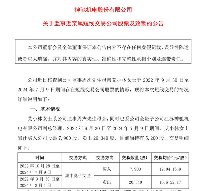 神驰机电：监事近亲属短线交易股票致歉