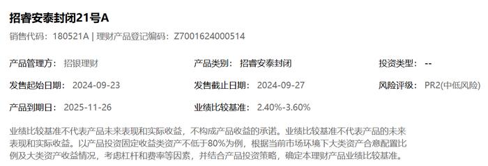 招银理财招睿安泰封闭21号9月23日起发行，A份额业绩比较基准2.4%-3.6%