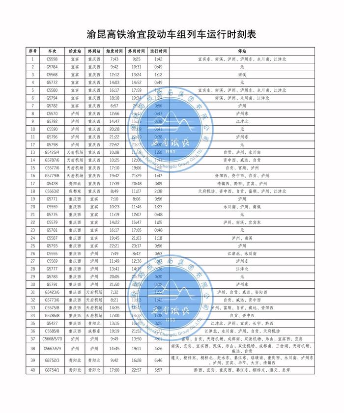 渝昆高铁渝宜段时刻表来了！请查收