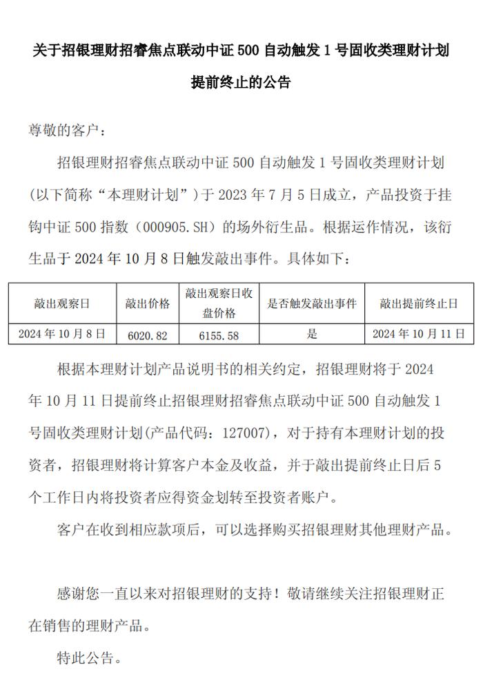 招银理财：招睿焦点联动中证500自动触发1号等3款理财产品提前终止