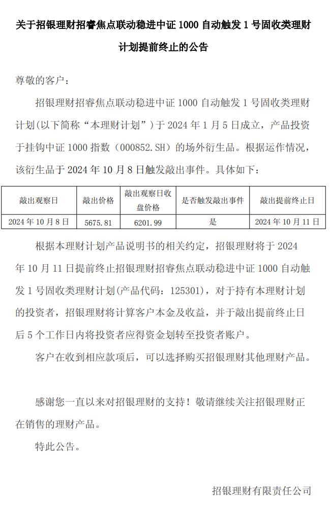 招银理财：招睿焦点联动中证500自动触发1号等3款理财产品提前终止