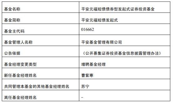 平安基金2只债基增聘基金经理曹紫寒