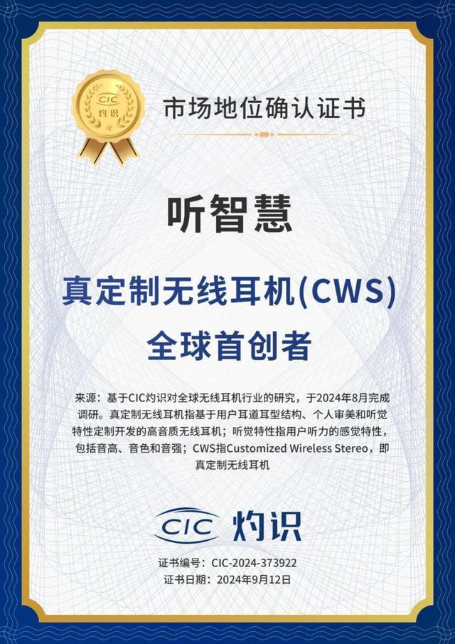 听智慧耳机荣获CIC灼识咨询“真定制无线耳机（CWS）全球首创者”的市场地位认证