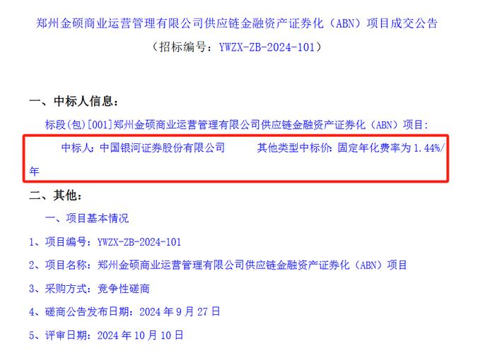 郑州金硕供应链ABN项目成交公告！