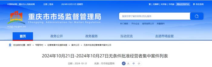 2024年10月21日-2024年10月27日无条件批准经营者集中案件列表