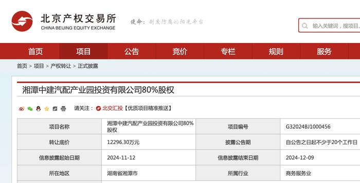 中建五局终止湘潭汽配产业园项目投资，1.23亿挂牌转让80%股权