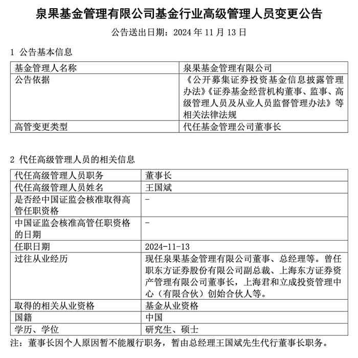 泉果基金：董事长任莉因个人原因暂不能履职，由总经理代任