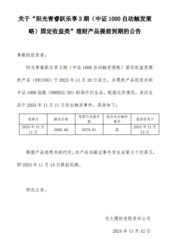 光大理财阳光青睿跃乐享3期、6期（中证1000自动触发策略）固收类理财产品提前到期