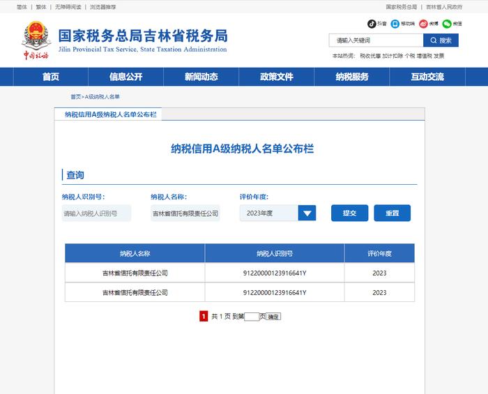 吉林信托企业纳税信用等级连续九年获A级认证