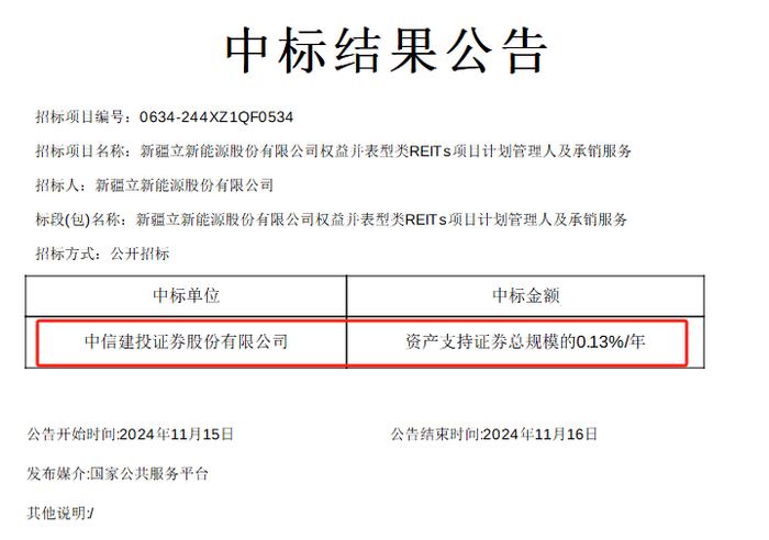 新疆立新能源权益并表型类REITs中标结果公告！