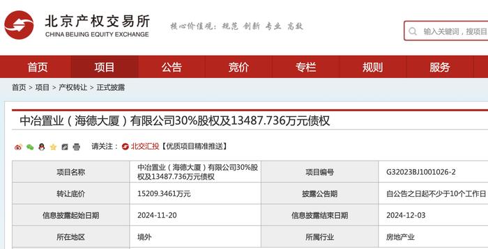 中冶置业转让新加坡海德大厦30%股权，底价1.52亿元