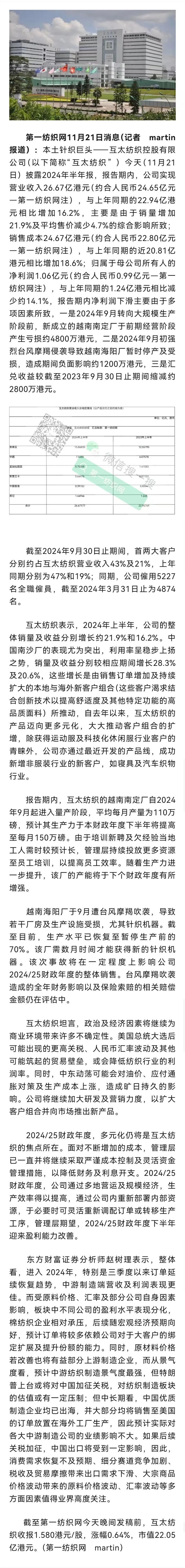 订单增加及新客户组合扩大，全球最大针织巨头上半年营收猛超26个亿！