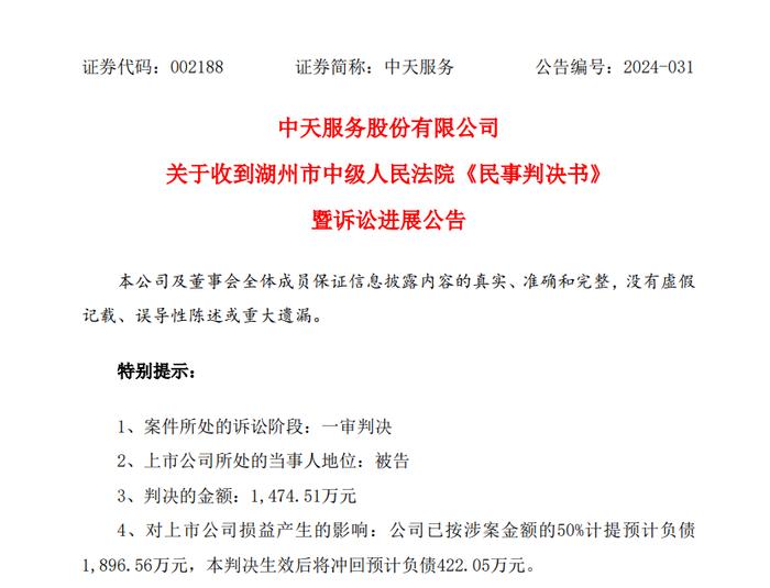 中天服务卷入证券虚假陈述责任纠纷涉案额逾千万，净利连续两年同期下滑