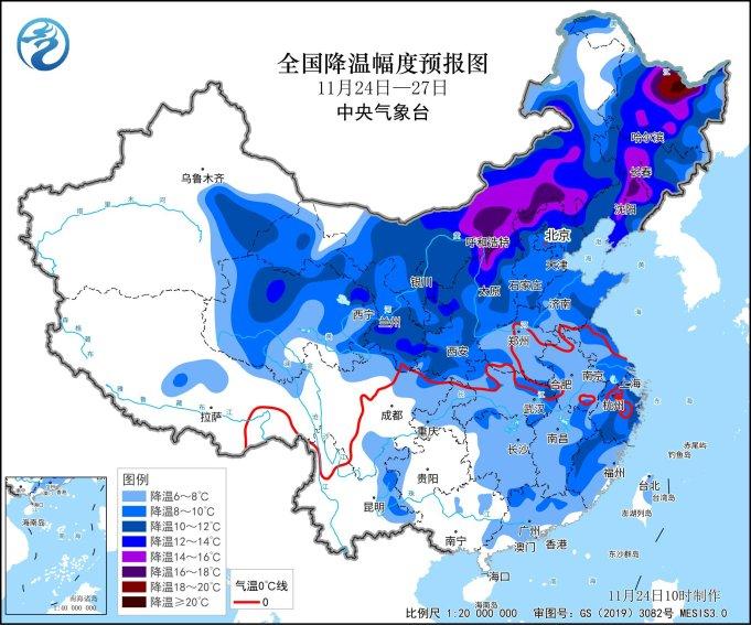 寒潮继续影响中东部地区:剧烈大风降温和大范围雨雪,内蒙古及东北地区降雪强