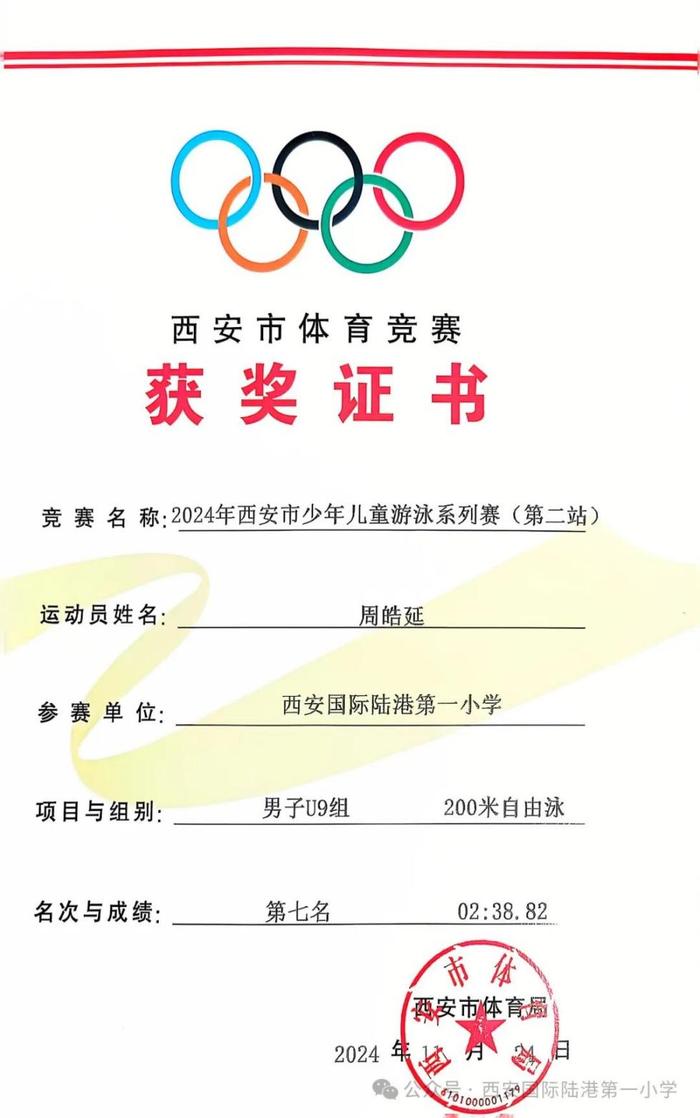 西安国际陆港一小学子在2024年西安市少年儿童游泳系列赛中喜获佳绩