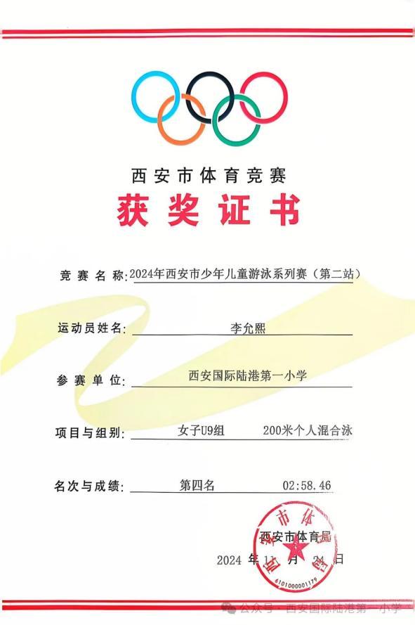 西安国际陆港一小学子在2024年西安市少年儿童游泳系列赛中喜获佳绩