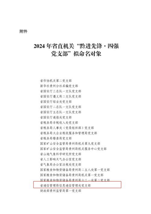 贵州省通信管理局信息通信管理处党支部获评省直机关首批“四强”党支部