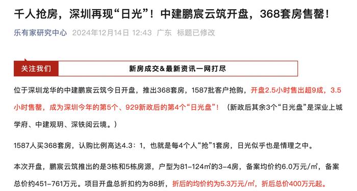 中建喜提深圳第五个日光盘，对手突击开盘“捡漏”、打出4.25万的价格