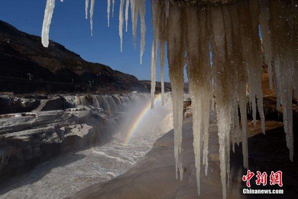 山西临汾：黄河壶口瀑布现彩虹映冰挂景观