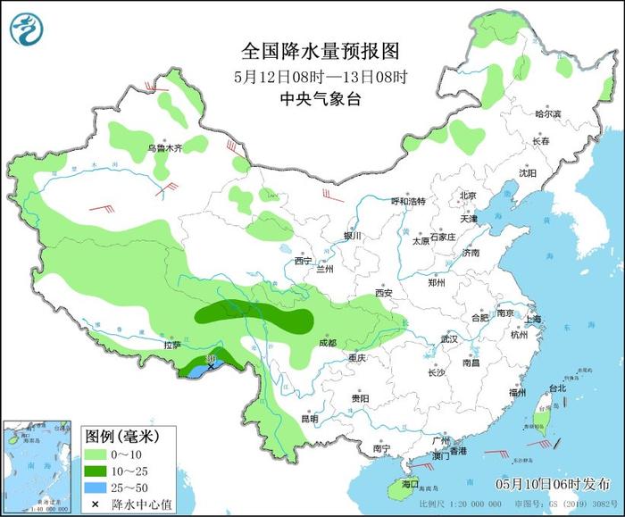 图4 全国降水量预报图(5月12日08时-13日08时)