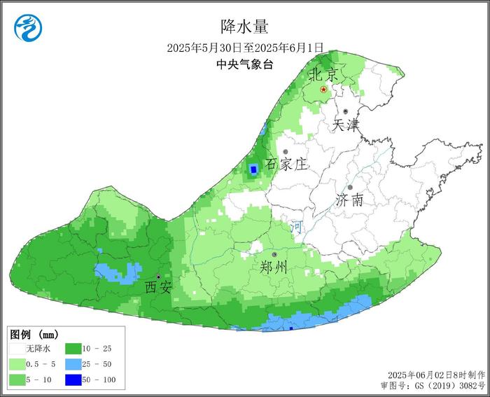 图1 5月30日至6月1日北方冬麦区降水量实况图