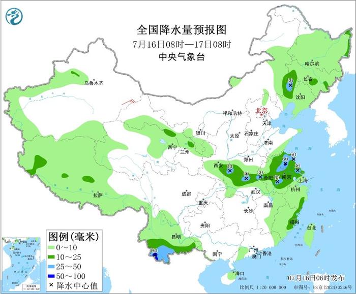 图3 全国降水量预报图(7月16日08时-17日08时)