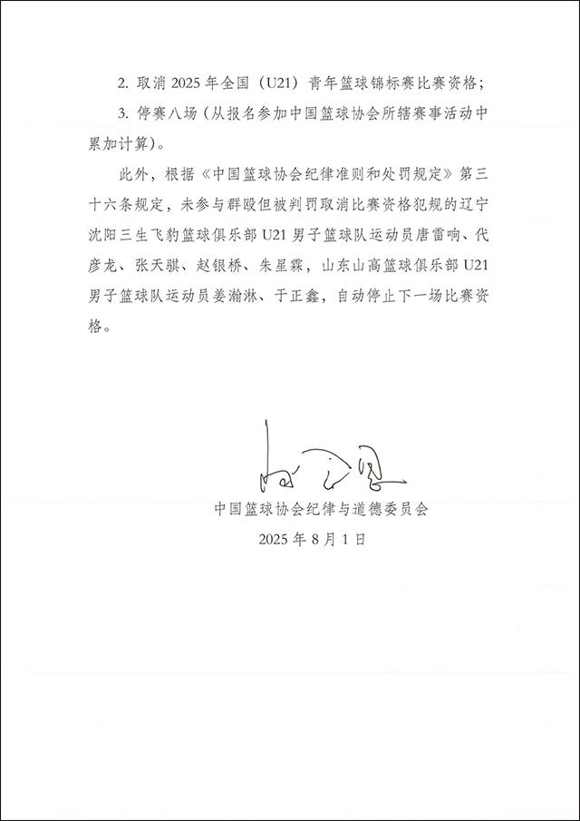 中国篮协通报辽宁山东U21群殴事件:4名球员停赛三年