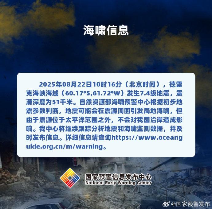 自然资源部海啸预警中心:德雷克海峡海域地震不会对我国沿岸造成影响