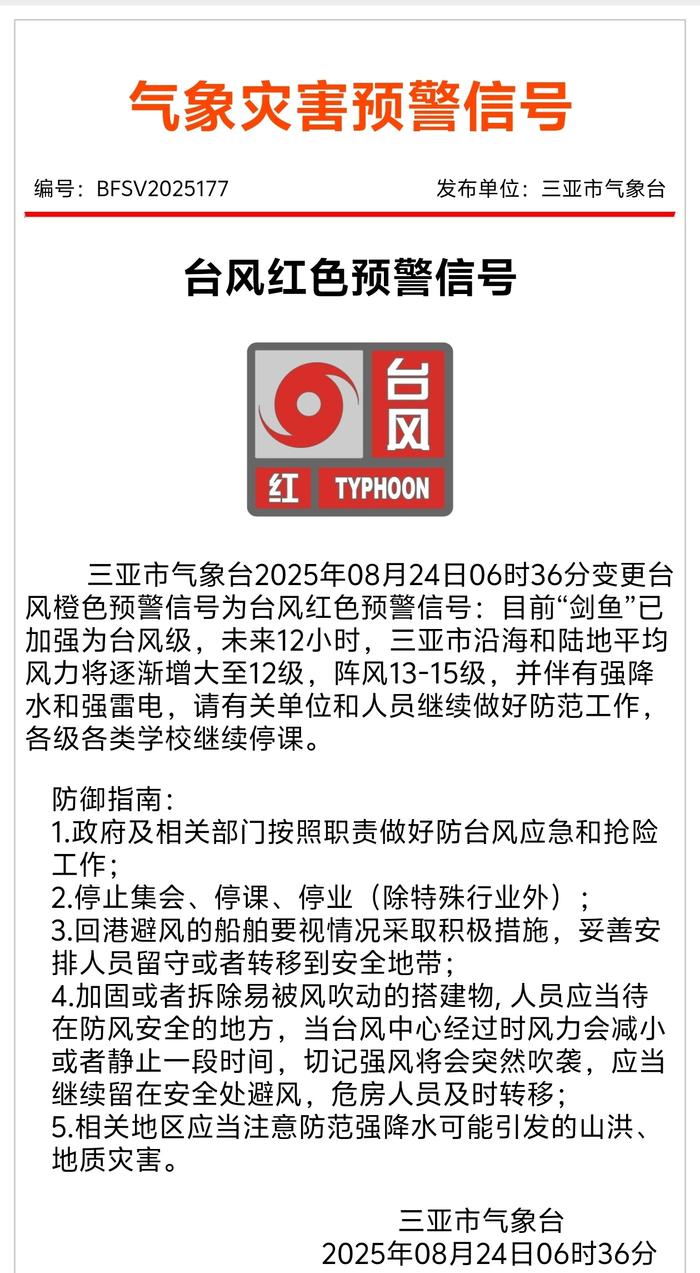 停课、停工、停业、停运、停航、关闭景区 三亚发布台风红色预警