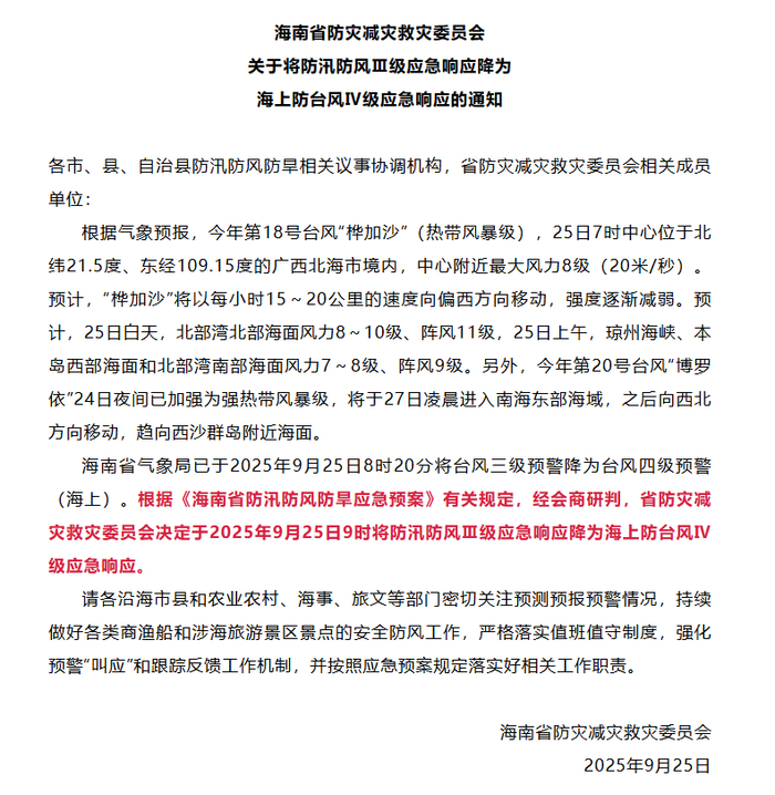 海南将防汛防风Ⅲ级应急响应降为海上防台风Ⅳ级应急响应