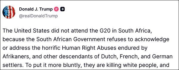 特朗普拒邀南非参加明年G20峰会，南非反击：不接受侮辱，会积极参加