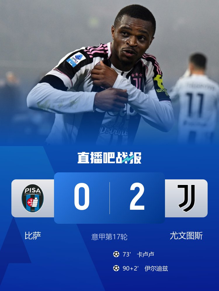 各赛事四连胜！尤文2-0比萨 卡卢卢、伊尔迪兹破门比萨两中框