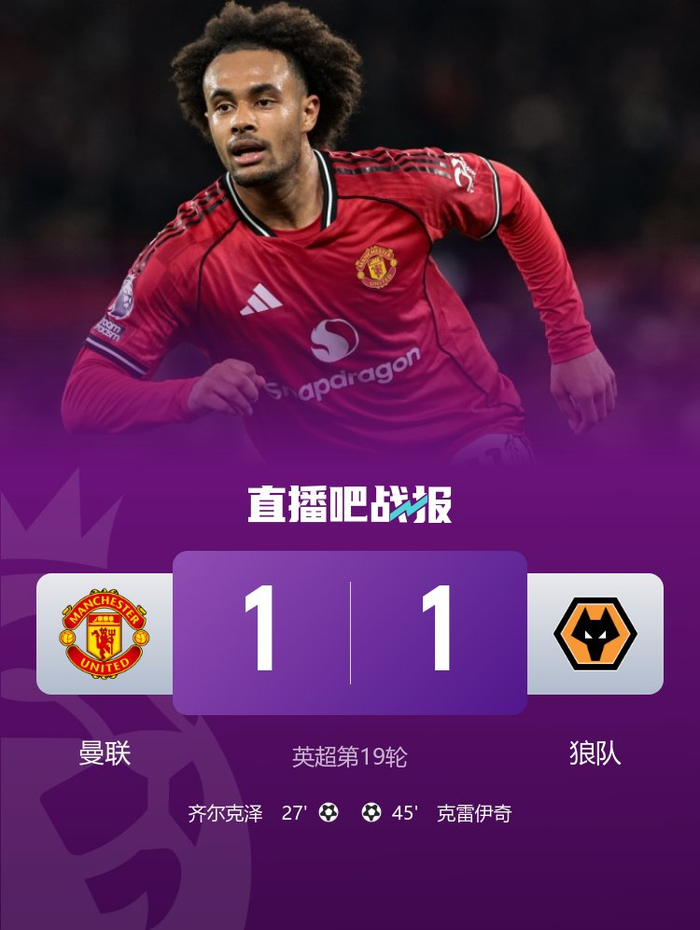 近4轮仅1胜！曼联1-1送狼队终结12连败 齐尔克泽破门舍什科失良机