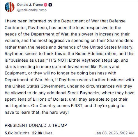 特朗普：美国军工企业挣得太多、生产太慢，点名雷神公司