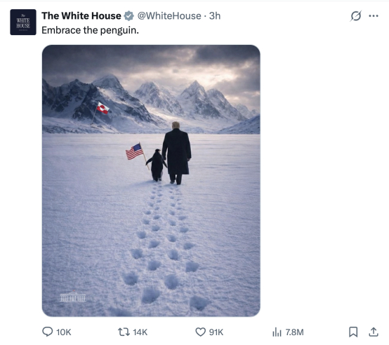 白宫发特朗普在格陵兰岛牵企鹅AI图，网友“惊呆”：格陵兰岛没有企鹅啊……
