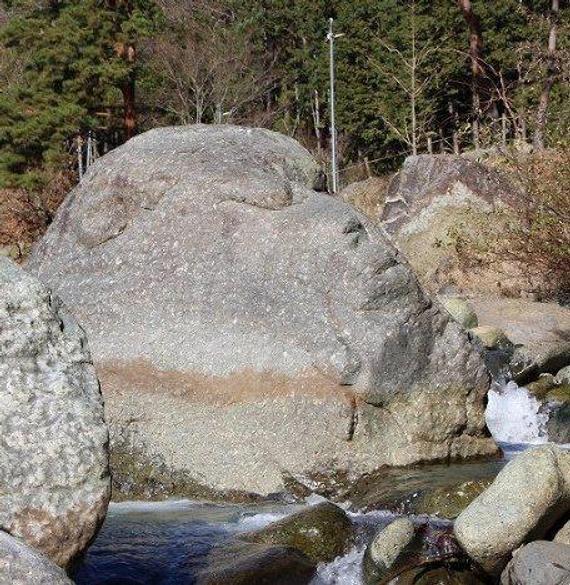 日本相模原市度假村内，一块造型独特石头在游客间走红。