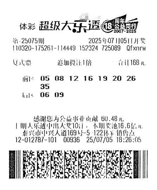 玩转复式追加！男子168元擒大乐透1467万-票